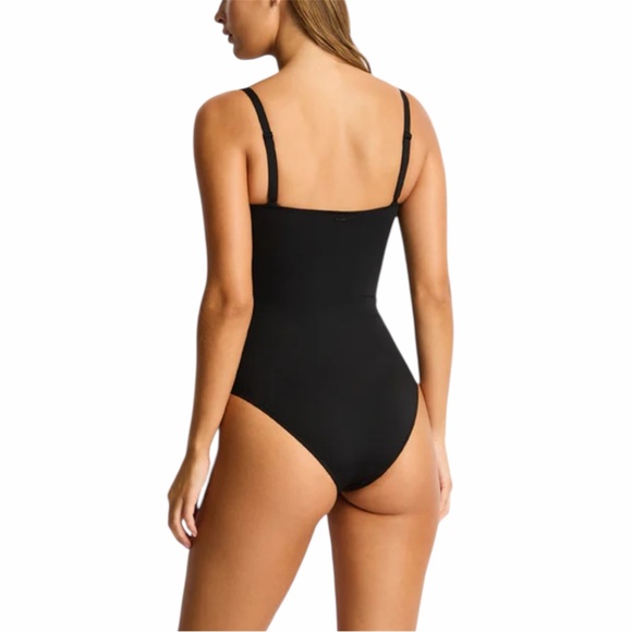 NWOT Sea Level Size 12 Elegant Black Scalloped Square Nexk One-Piece Swimsuit - Picture 2 of 6